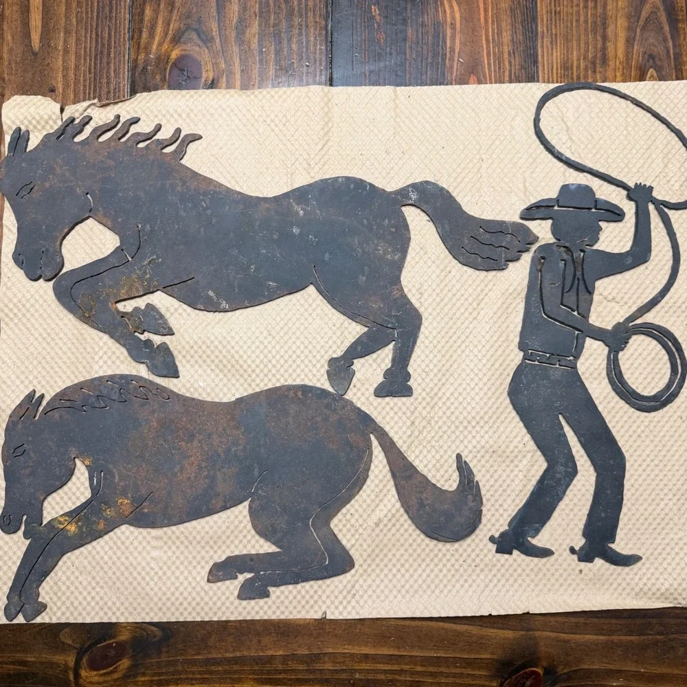 Vintage Rustic Metal Cowboy and Horses Wall Art Set 17 Inch Western Silhouette